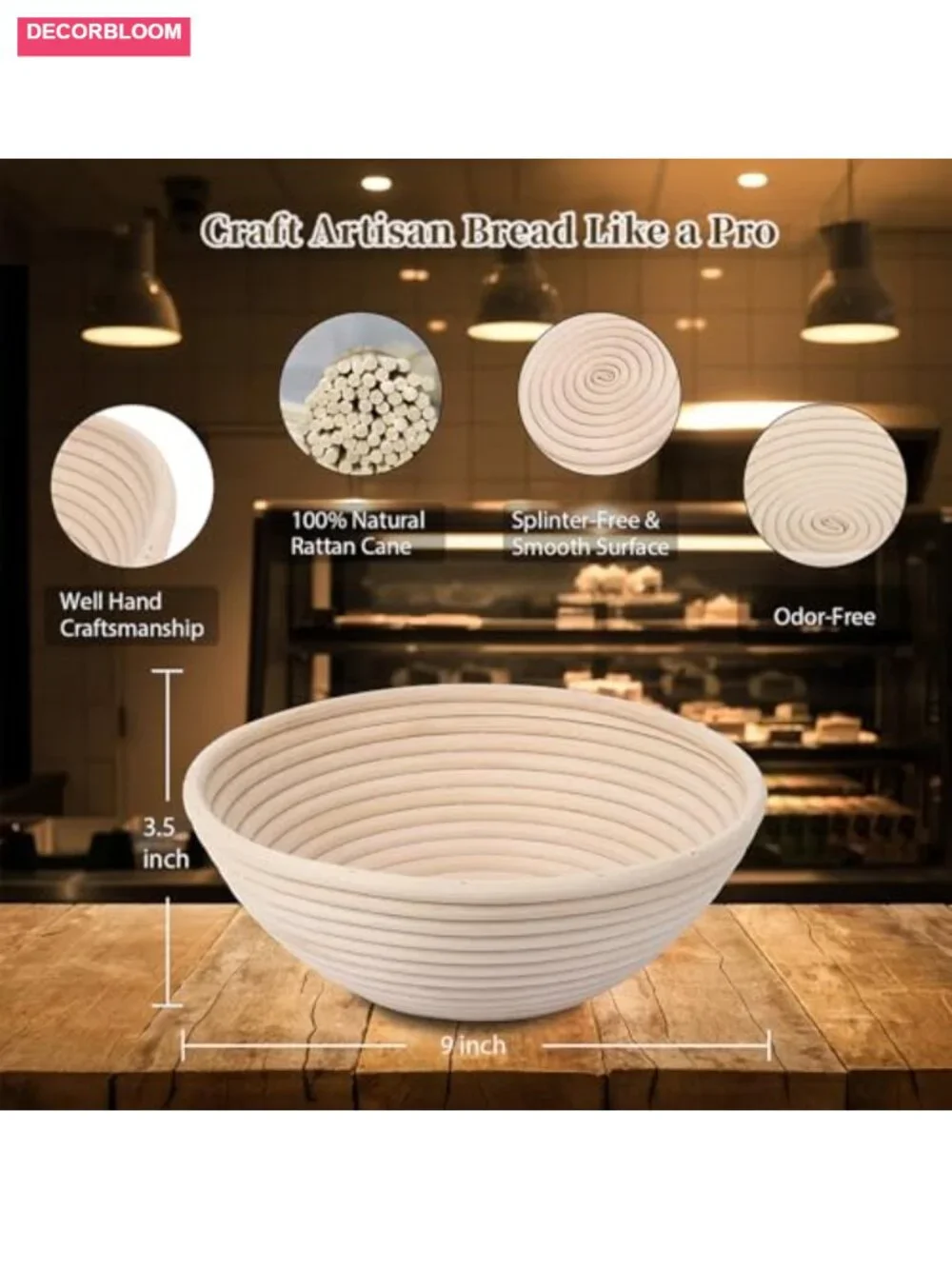 Banneton Bread Proofing Basket Set of 2 (9 inch) with 4 Linen Liners - Natural